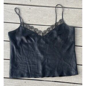 Y2K Lauren Ralph Lauren 100% Silk Black Cami Lace Trim Tank Top Size 14